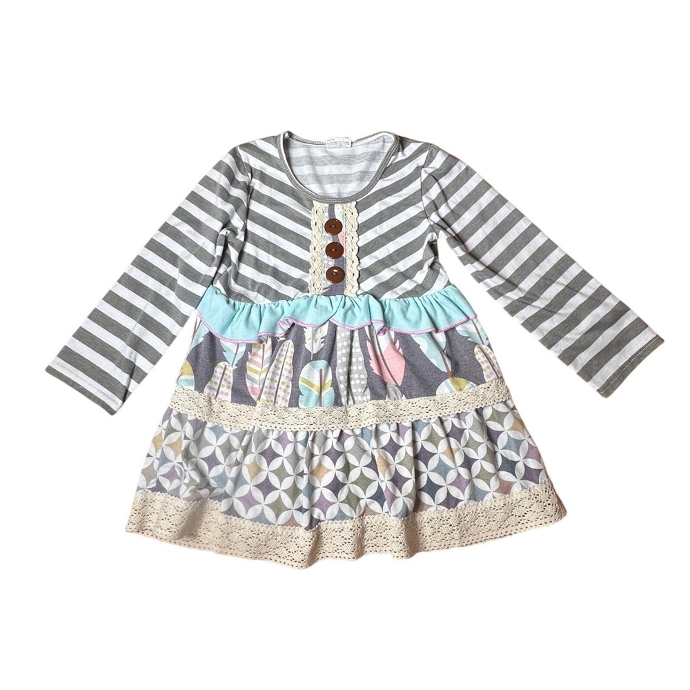 Tutu Lulu Tiered‎ Dress Girls 5-6Y Grey Multi Boho Lace Mixed